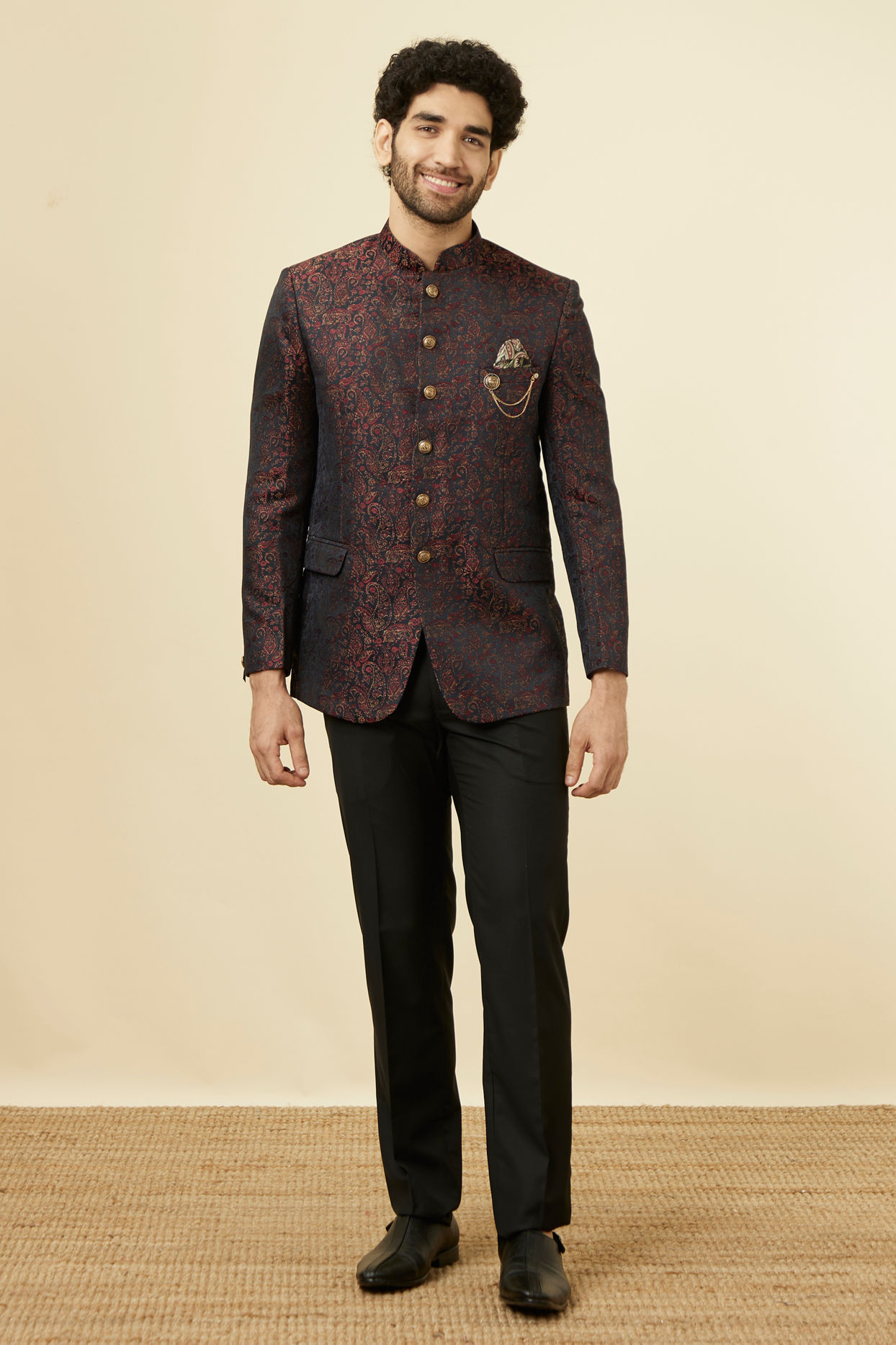 Manyavar Men Smokey Black Paisley Patterned Suit