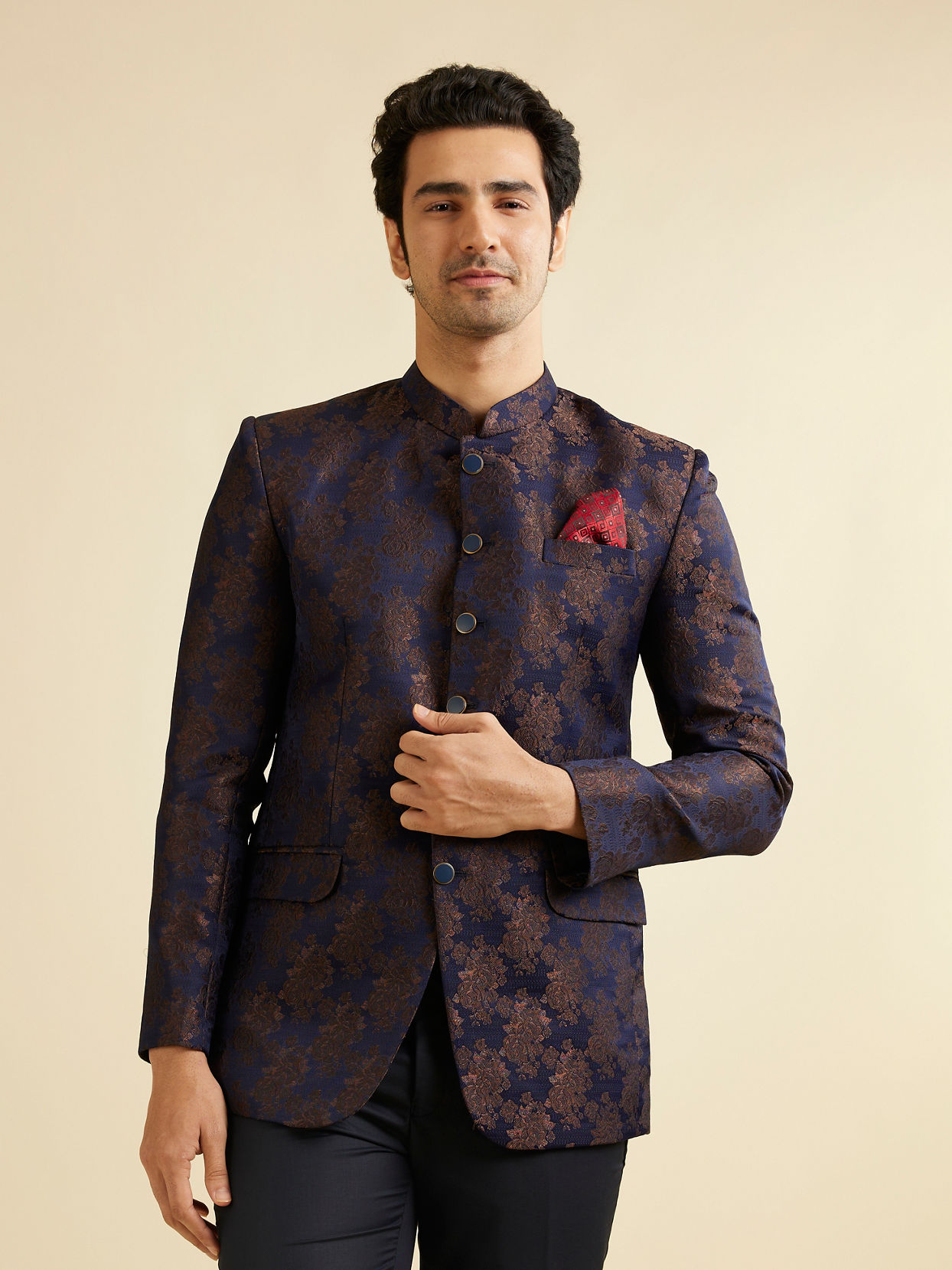 Manyavar Men Dark Blue Floral Jaal Patterned Jodhpuri Set