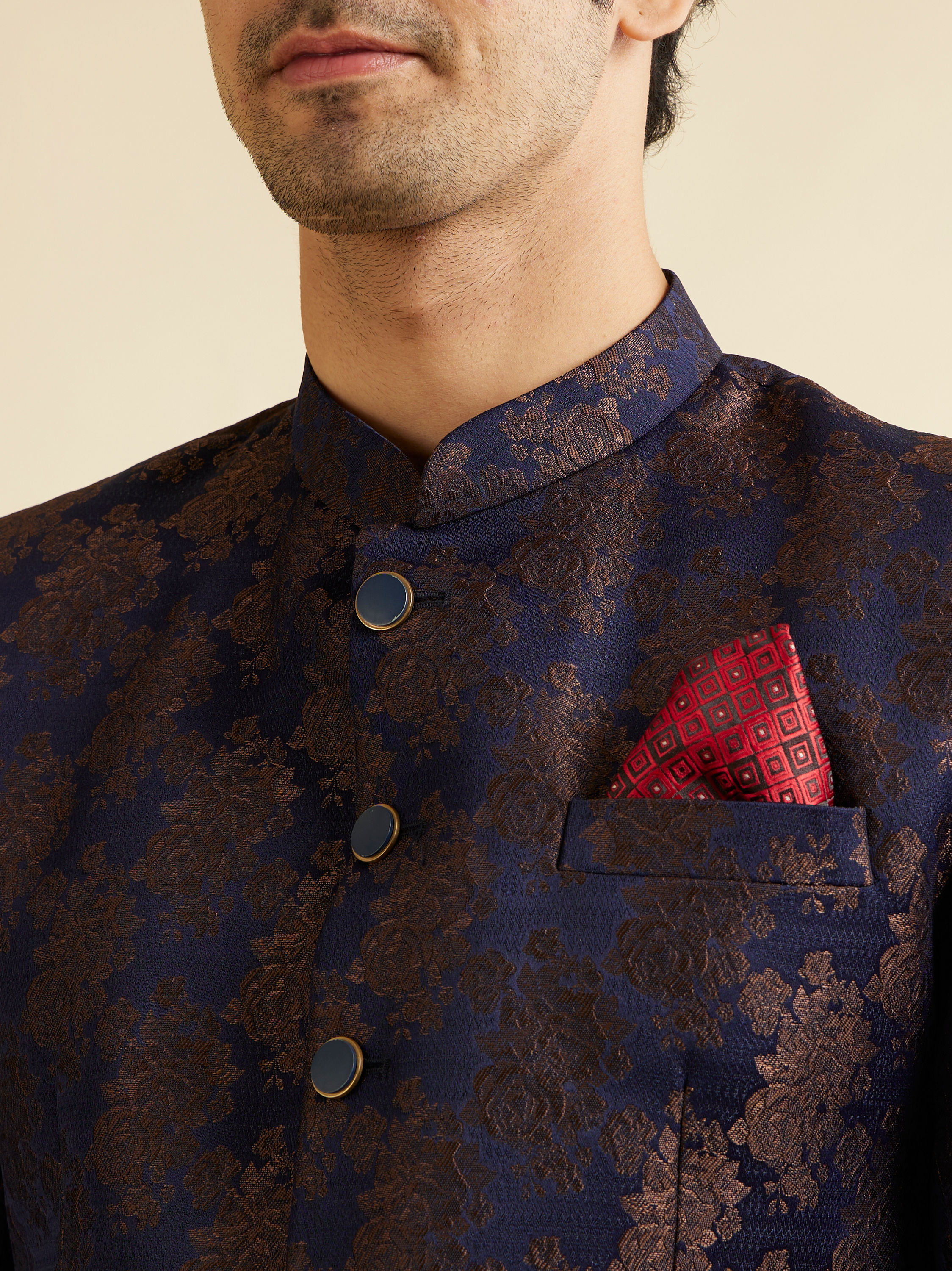 Manyavar Men Dark Blue Floral Jaal Patterned Jodhpuri Set