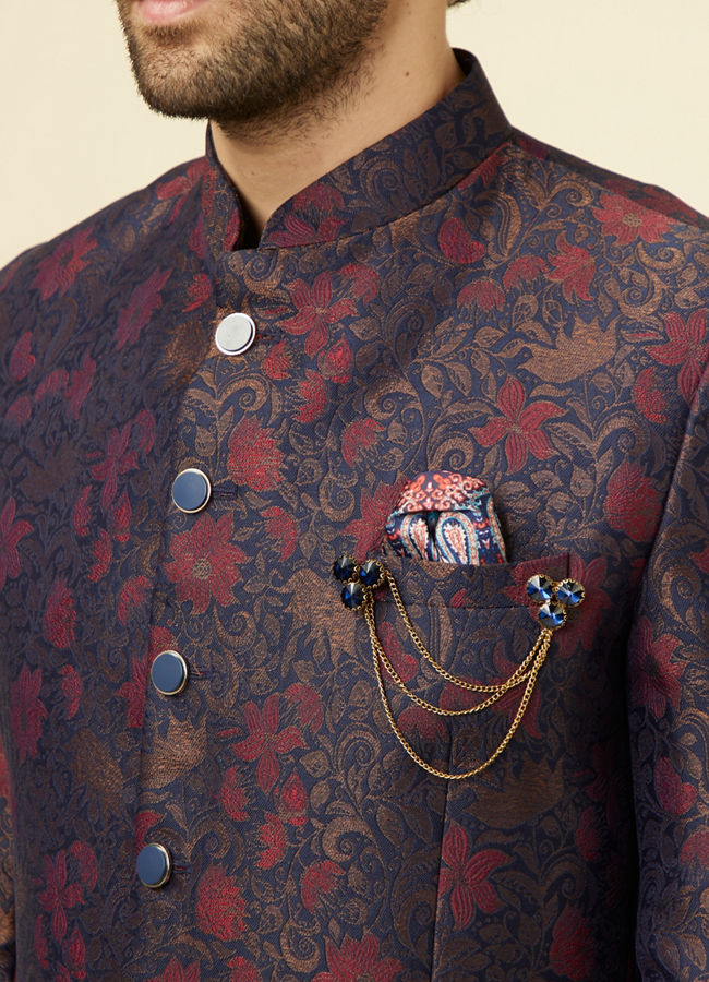 alt message - Manyavar Men Navy Blue Floral Patterned Suit image number 1