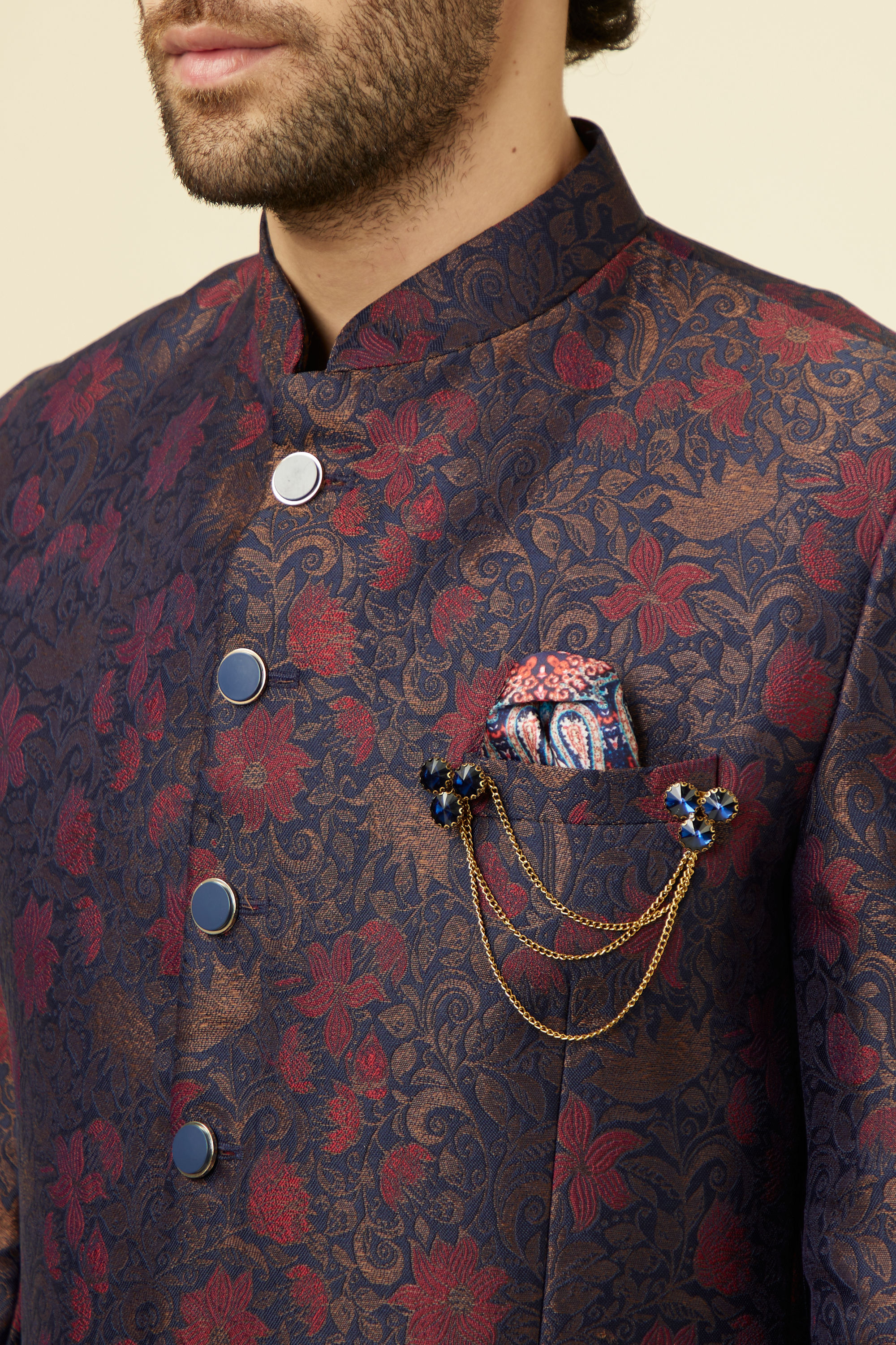 Manyavar Men Navy Blue Floral Patterned Suit