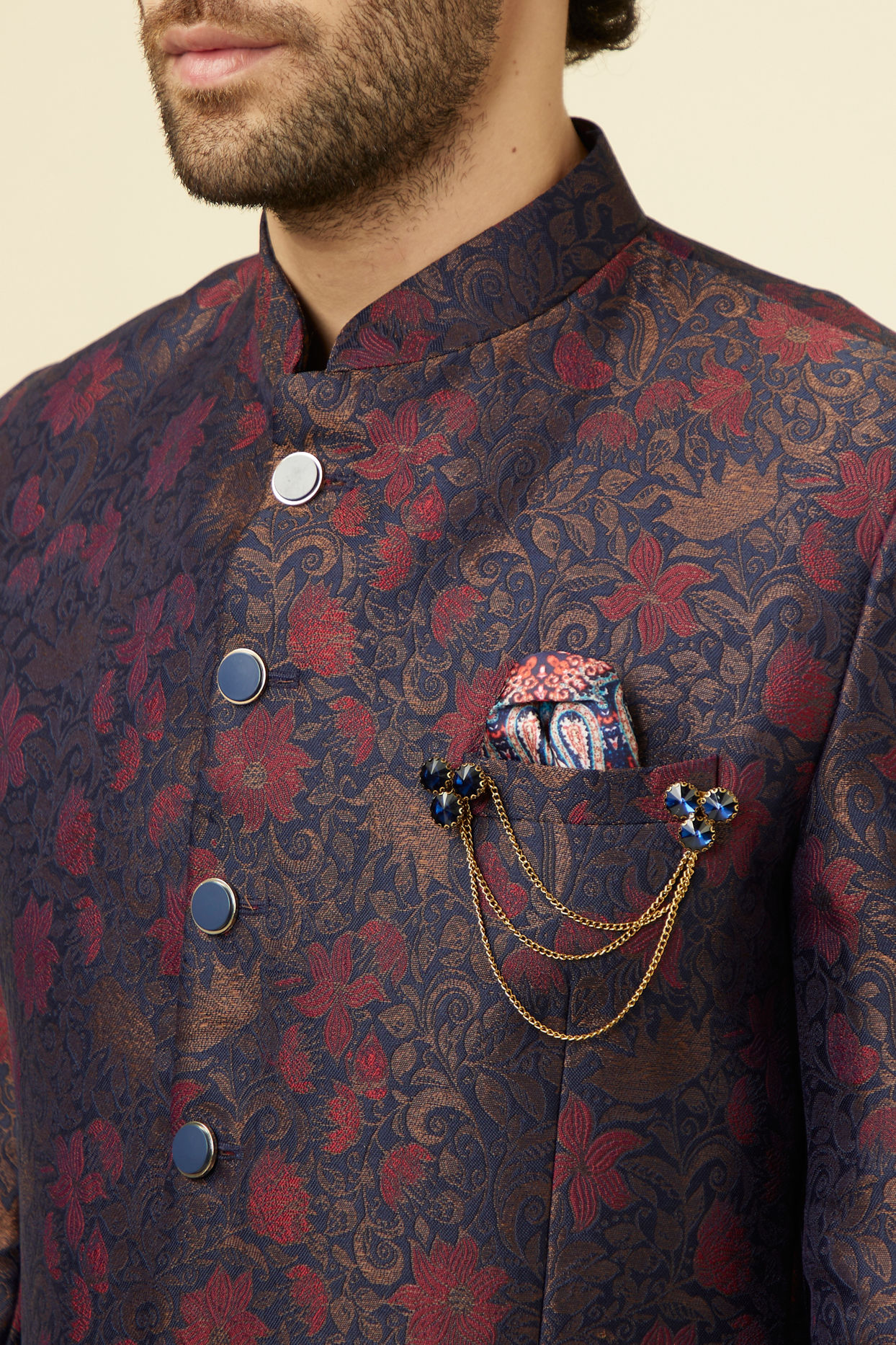 alt message - Manyavar Men Navy Blue Floral Patterned Suit image number 1