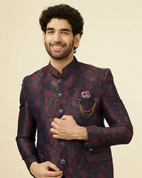 Manyavar Men Navy Blue Floral Patterned Suit