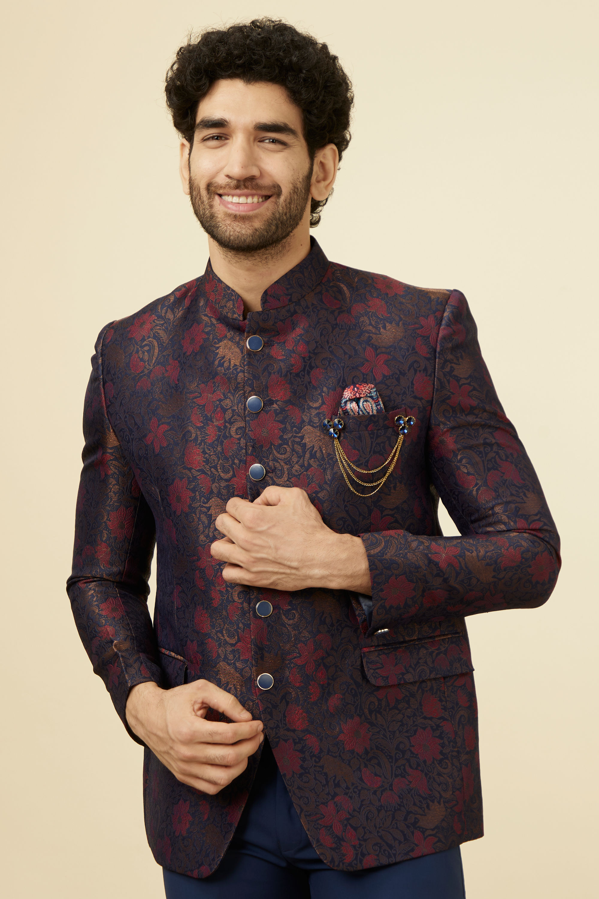 Manyavar Men Navy Blue Floral Patterned Suit