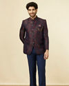 alt message - Manyavar Men Navy Blue Floral Patterned Suit image number 2