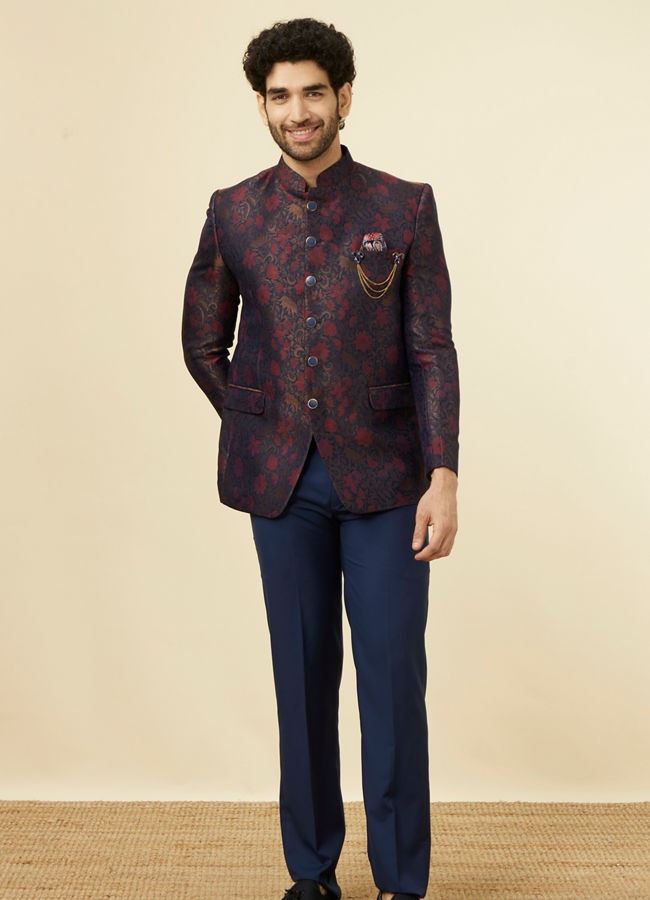 Manyavar Men Navy Blue Floral Patterned Suit