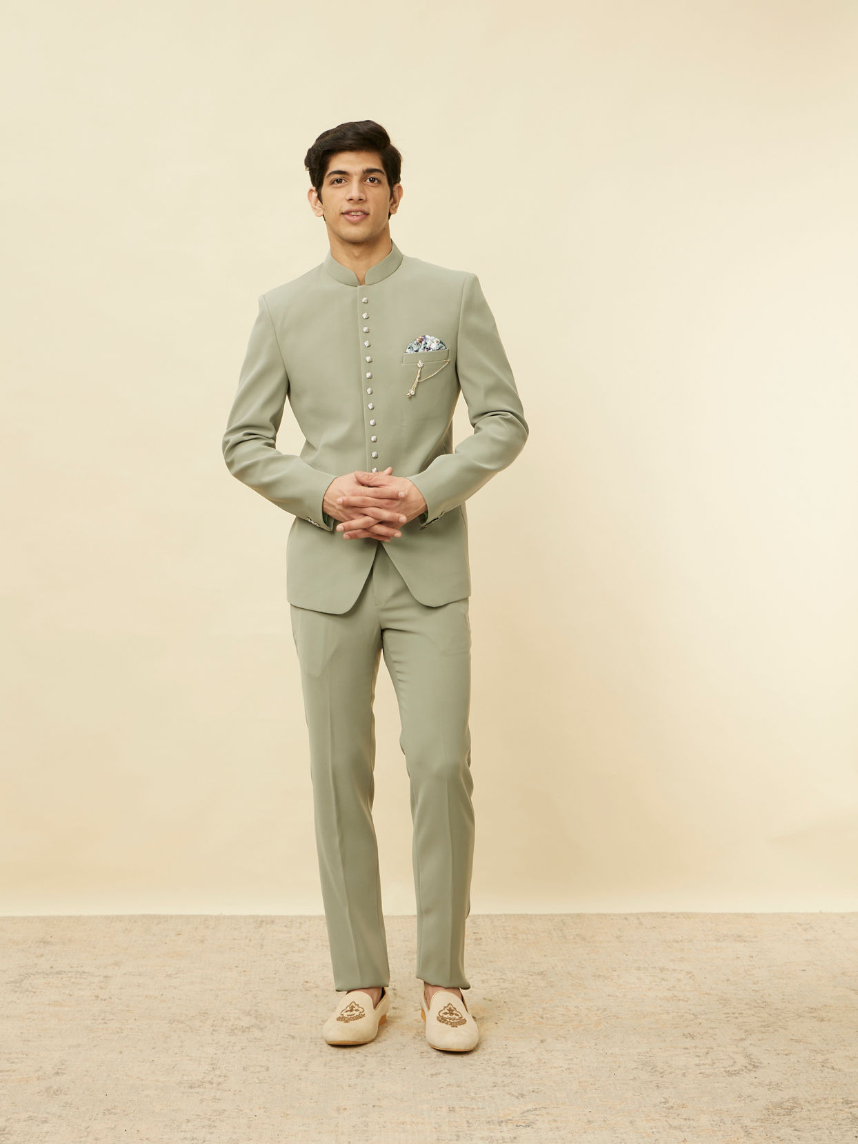 Manyavar Men Pista Green Classic Jodhpuri Suit