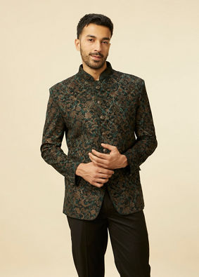 alt message - Manyavar Men Dark green bel Buti Patterned Suit Set image number 0