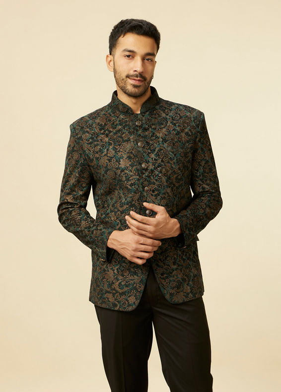 Manyavar Men Dark green bel Buti Patterned Suit Set