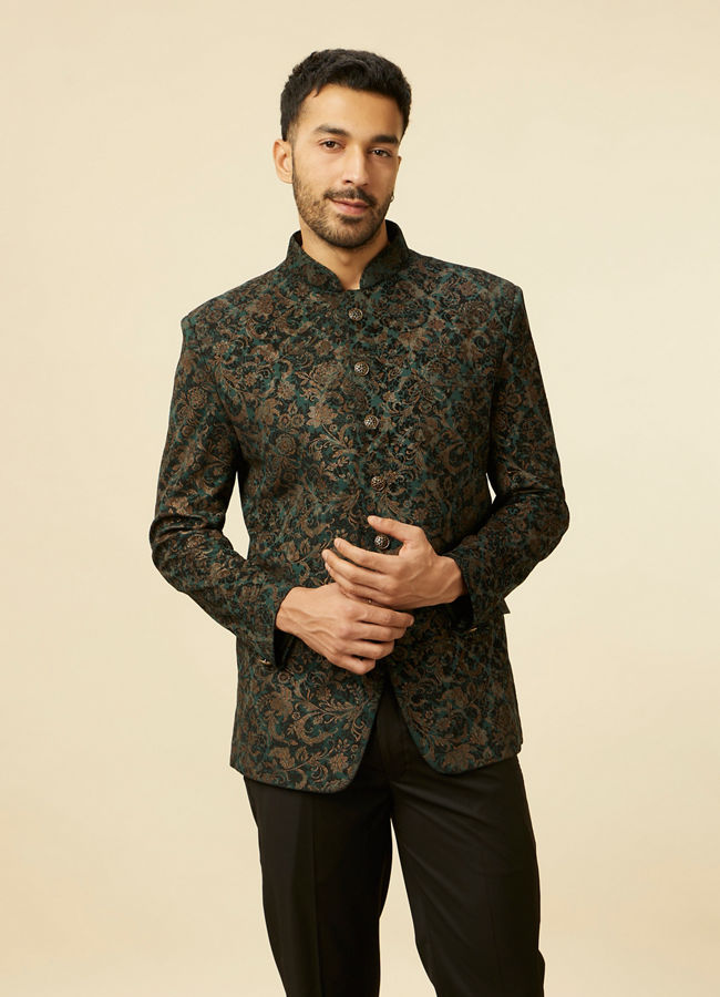 alt message - Manyavar Men Dark green bel Buti Patterned Suit Set image number 0