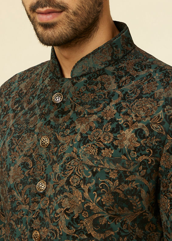 Manyavar Men Dark green bel Buti Patterned Suit Set