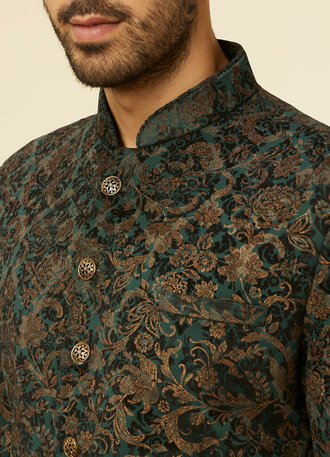 alt message - Manyavar Men Dark green bel Buti Patterned Suit Set image number 1