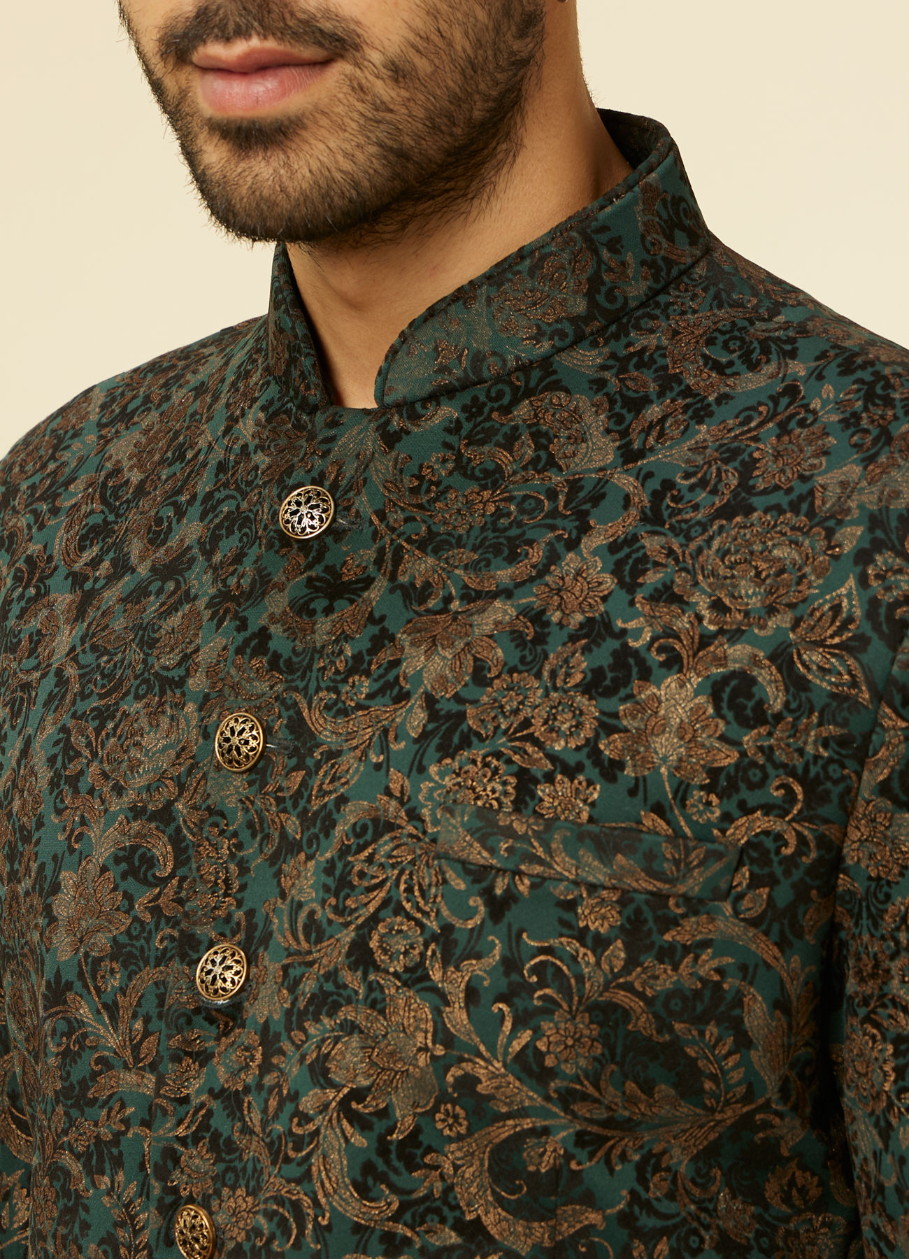 Manyavar Men Dark green bel Buti Patterned Suit Set