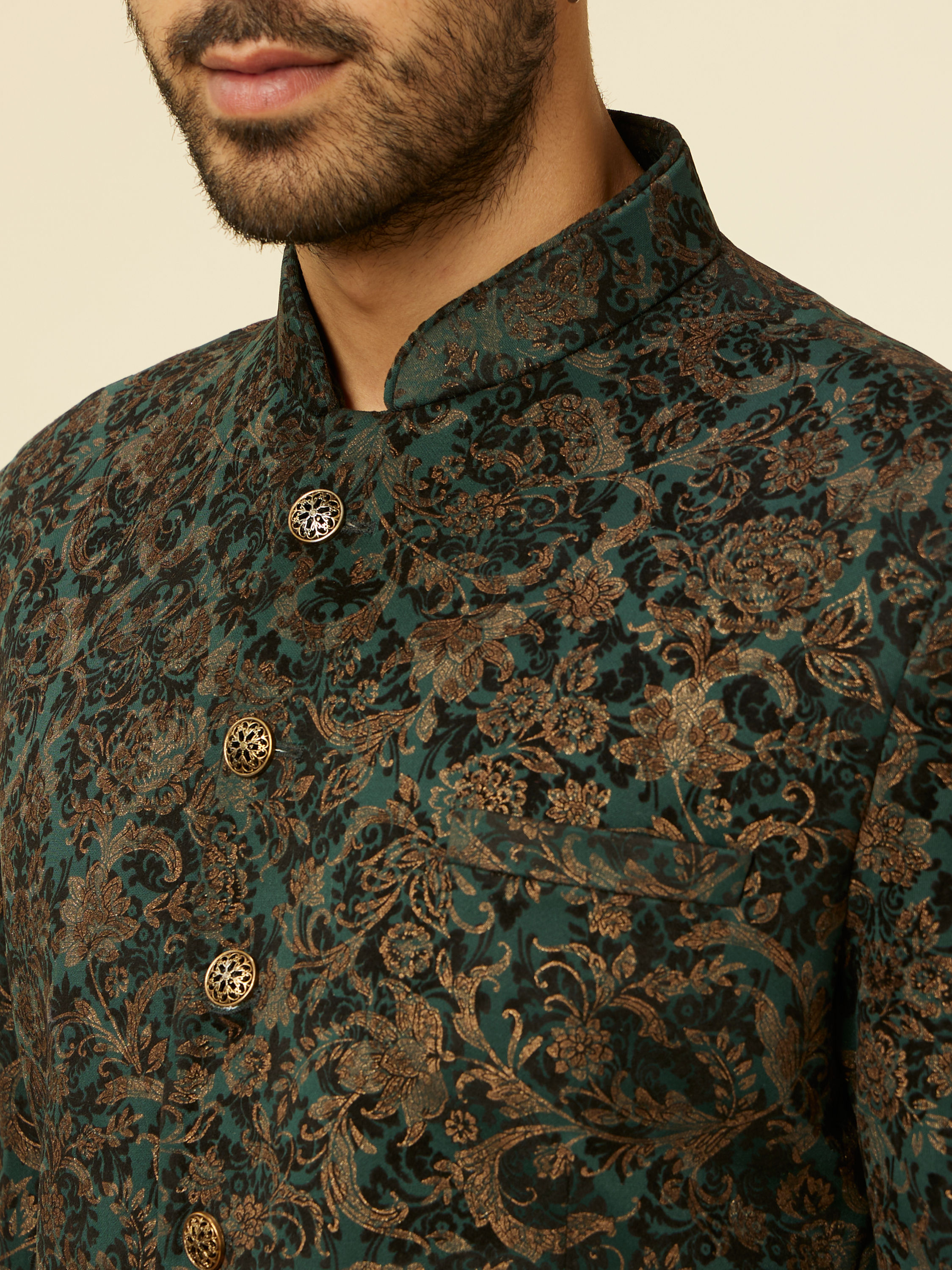 Manyavar Men Dark green bel Buti Patterned Suit Set