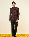 Manyavar Men Wine Bel Buti Foil Print Suit