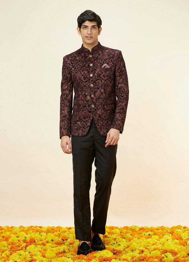 Manyavar Men Wine Bel Buti Foil Print Suit