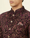 alt message - Manyavar Men Wine Bel Buti Foil Print Suit image number 1