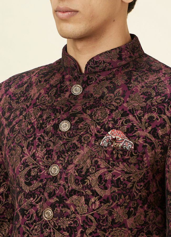 alt message - Manyavar Men Wine Bel Buti Foil Print Suit image number 1