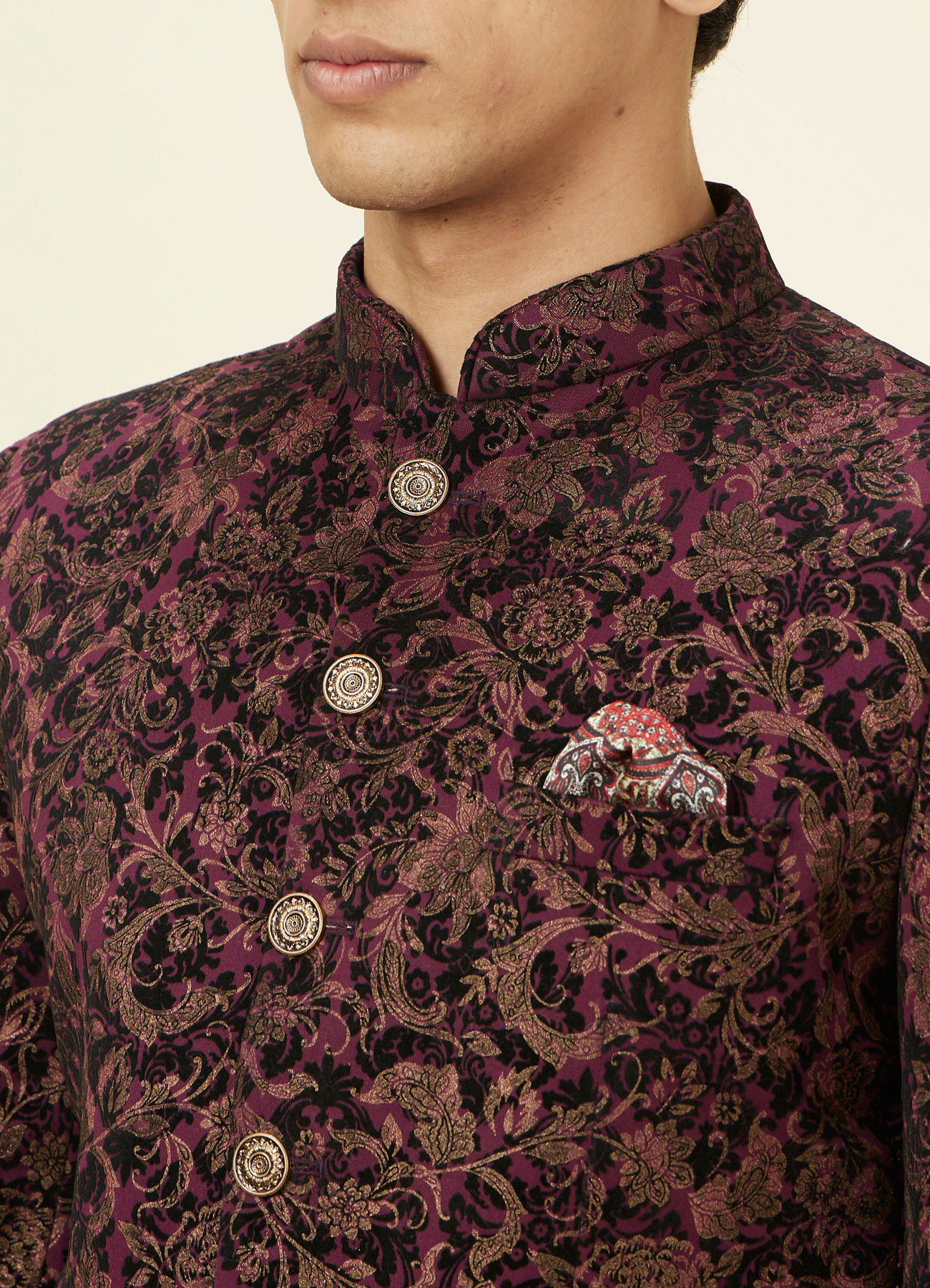 Manyavar Men Wine Bel Buti Foil Print Suit