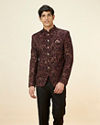 alt message - Manyavar Men Wine Bel Buti Foil Print Suit image number 0