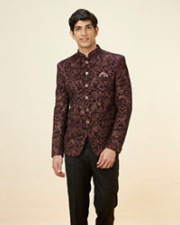 Manyavar Men Wine Bel Buti Foil Print Suit