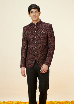 alt message - Manyavar Men Wine Bel Buti Foil Print Suit image number 0