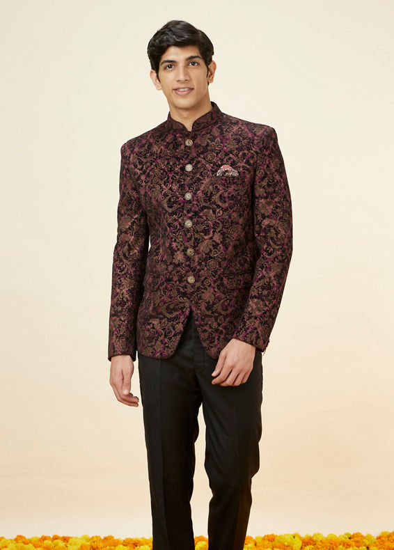 Manyavar Men Wine Bel Buti Foil Print Suit