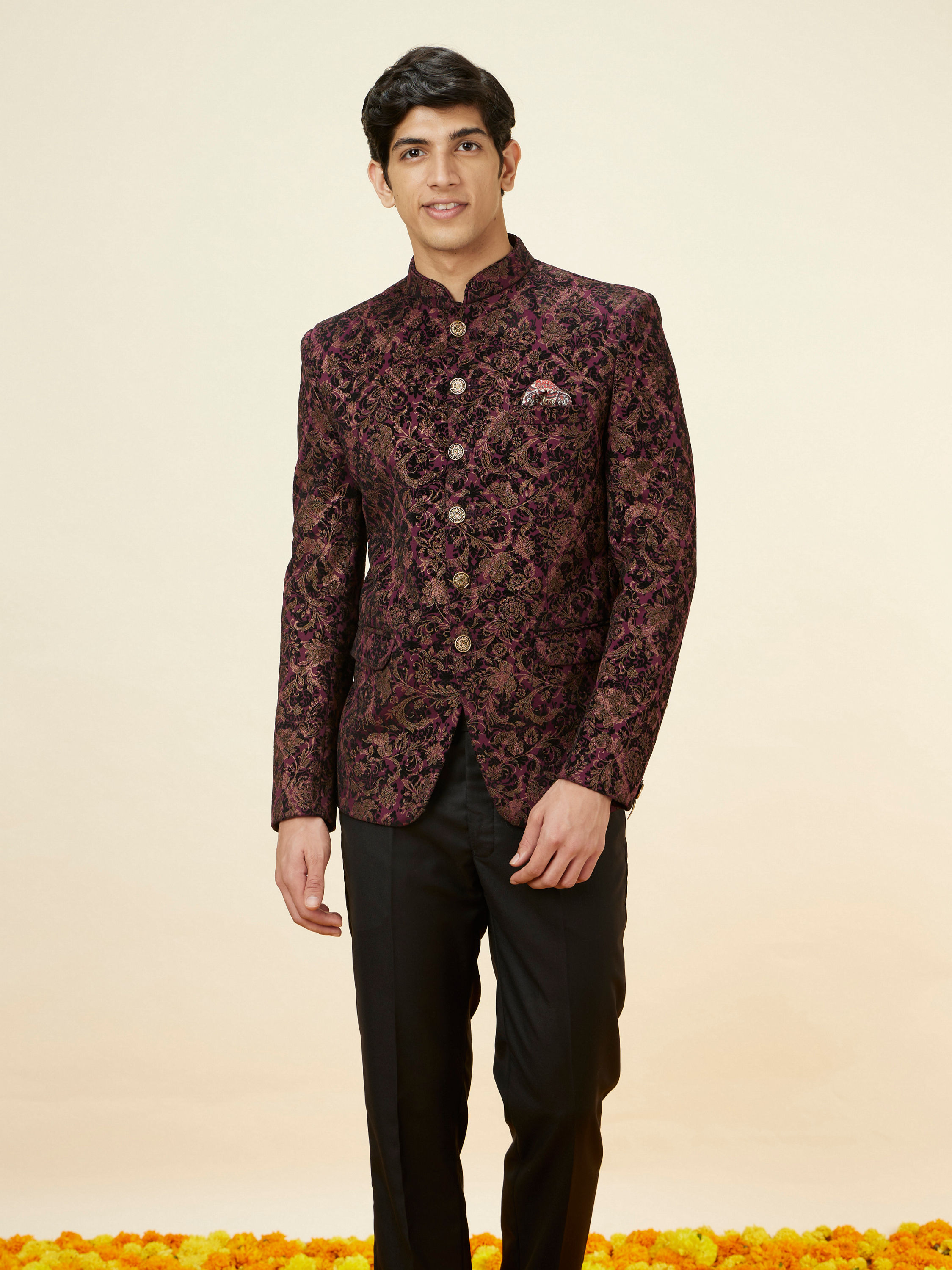 Manyavar Men Wine Bel Buti Foil Print Suit