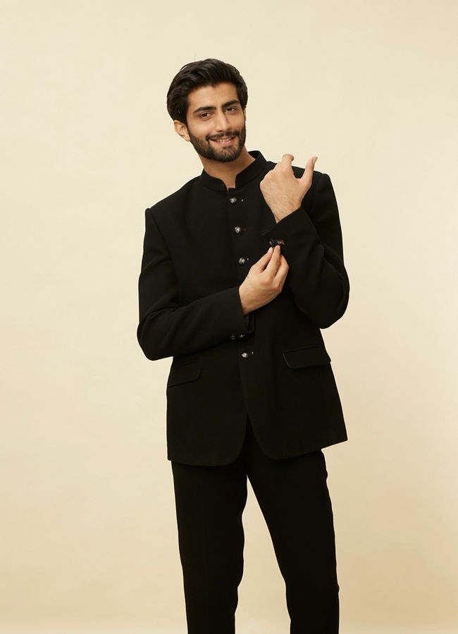 alt message - Manyavar Men Charcoal Black Classic Jodhpuri Suit image number 0