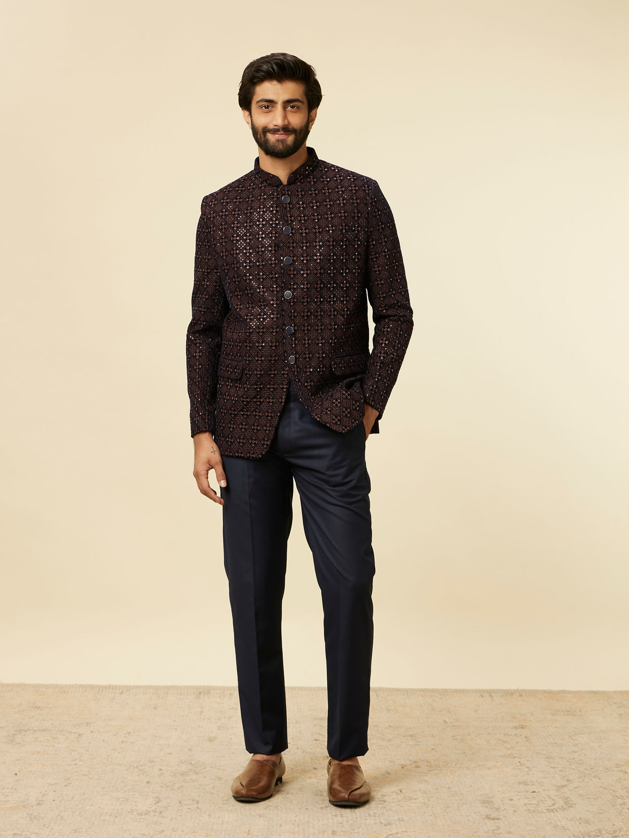 Manyavar Men Dark Blue Dark Brown Sequin Embellished Jodhpuri Suit