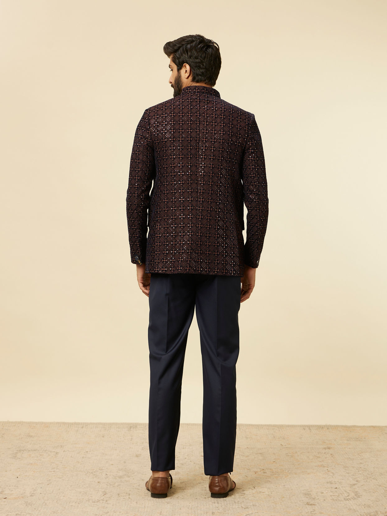 Manyavar Men Dark Blue Dark Brown Sequin Embellished Jodhpuri Suit