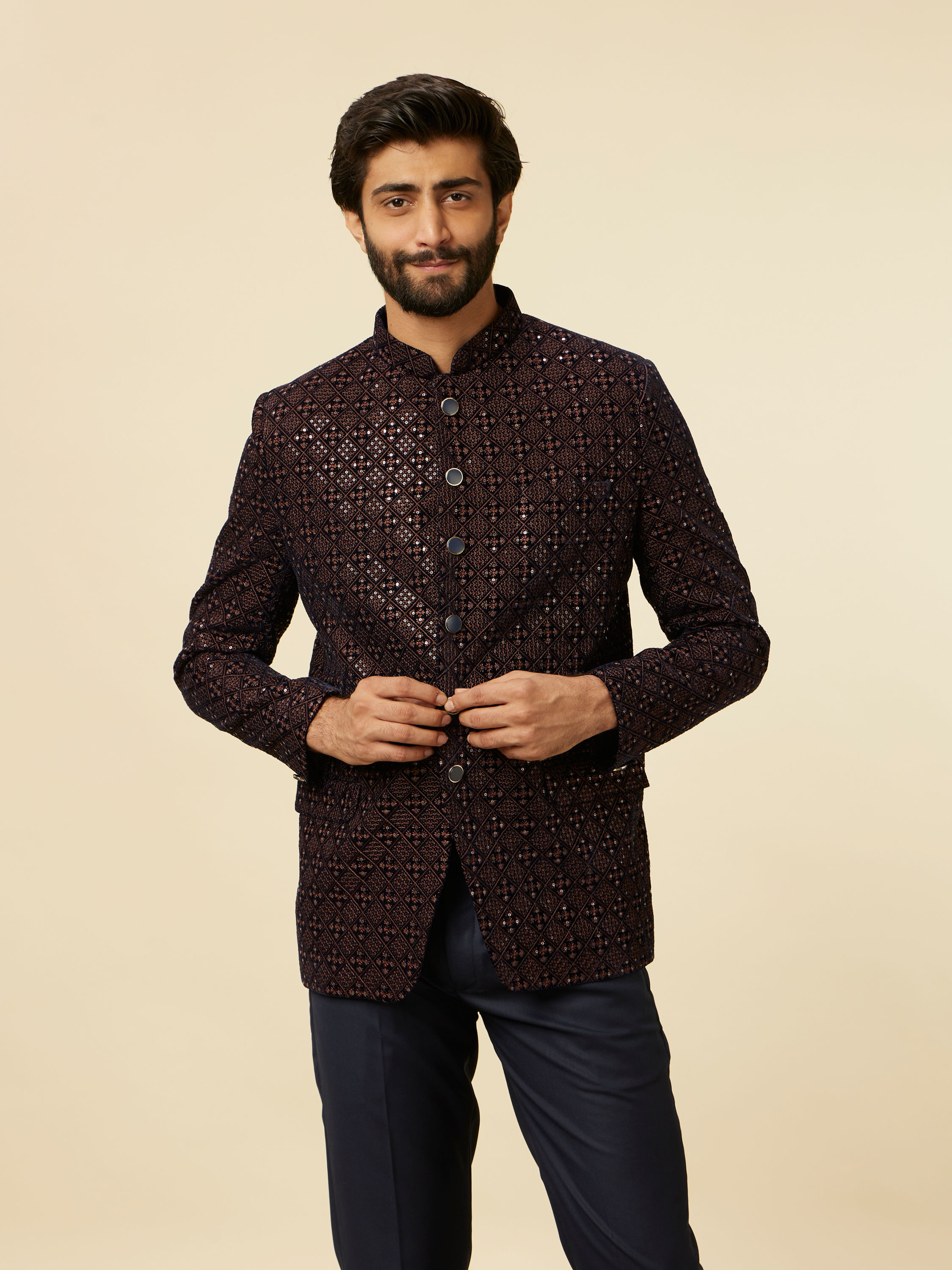 Manyavar Men Dark Blue Dark Brown Sequin Embellished Jodhpuri Suit