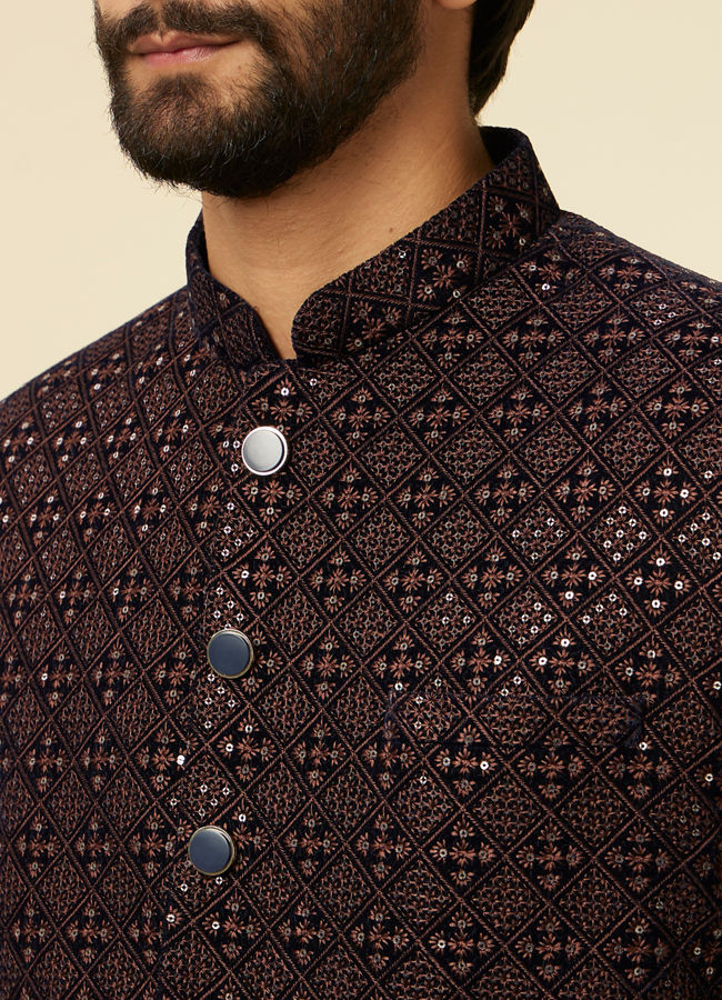 alt message - Manyavar Men Dark Blue Dark Brown Sequin Embellished Jodhpuri Suit image number 1