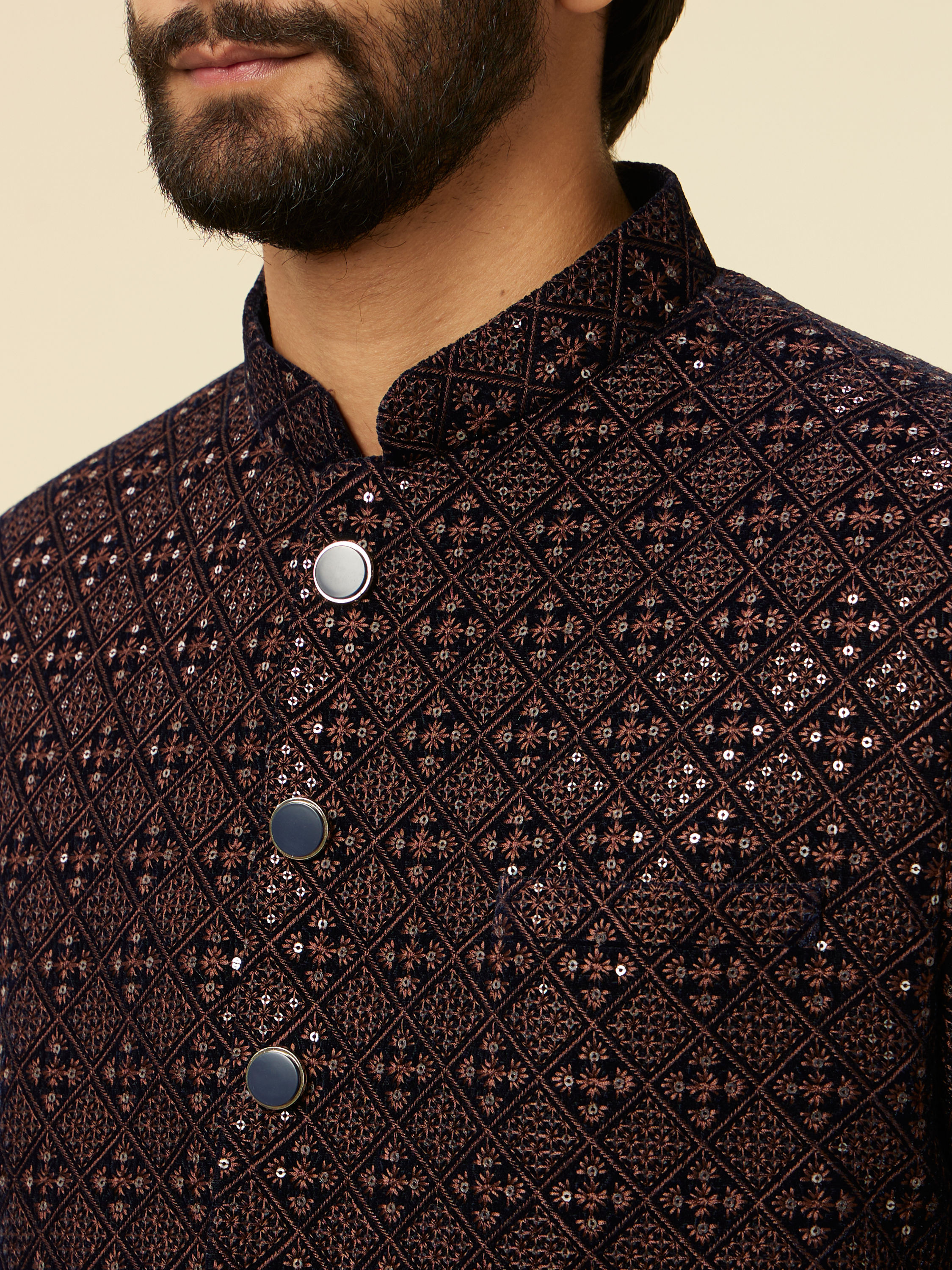 Manyavar Men Dark Blue Dark Brown Sequin Embellished Jodhpuri Suit