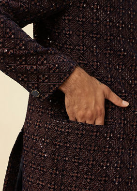 alt message - Manyavar Men Dark Blue Dark Brown Sequin Embellished Jodhpuri Suit image number 2