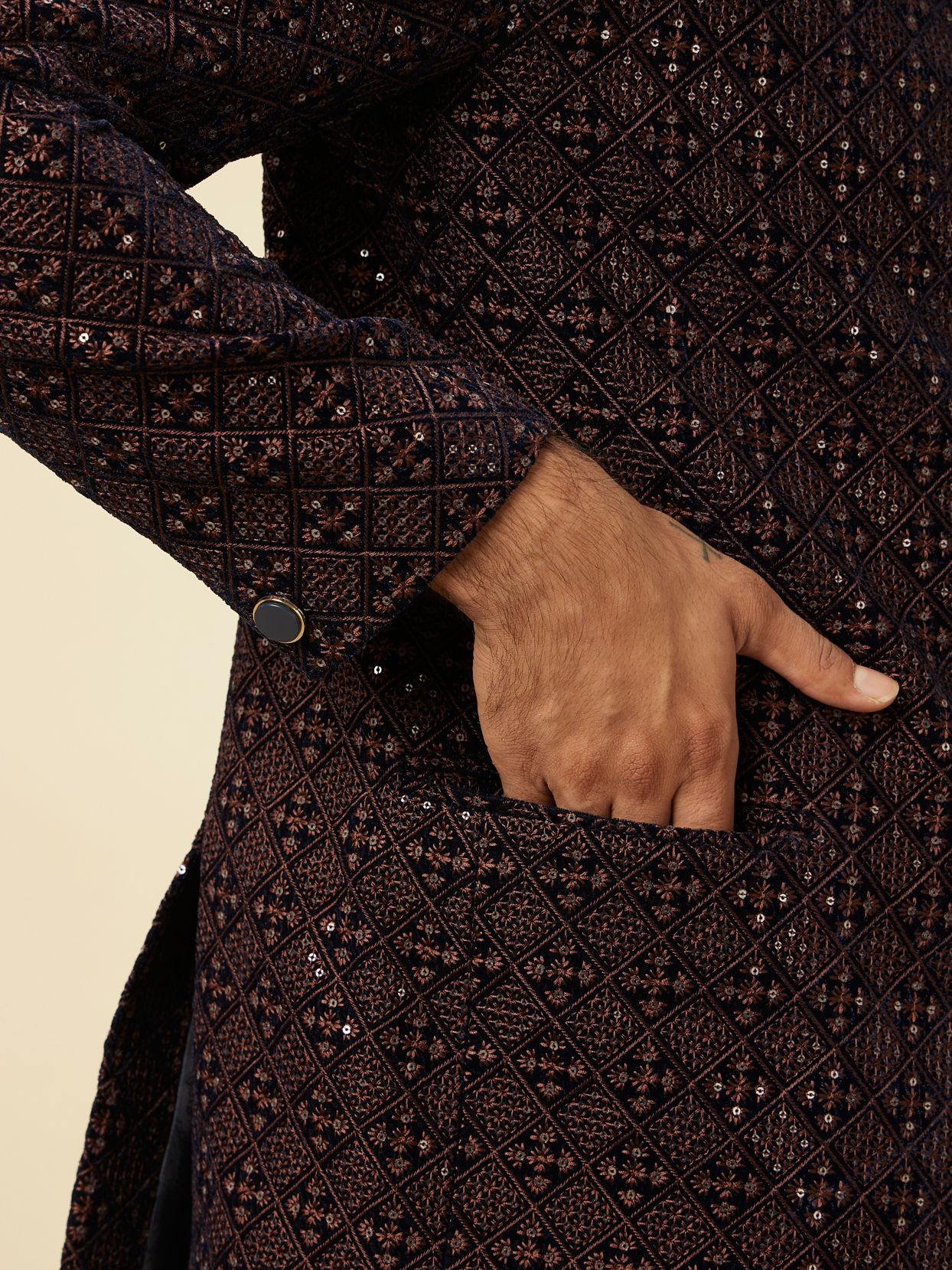 Manyavar Men Dark Blue Dark Brown Sequin Embellished Jodhpuri Suit