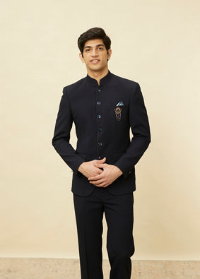 alt message - Manyavar Men Twilight Blue Textured Jodhpuri Suit image number 0