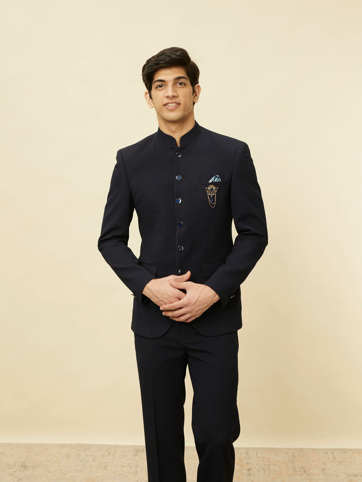 Manyavar Men Twilight Blue Textured Jodhpuri Suit image number 0