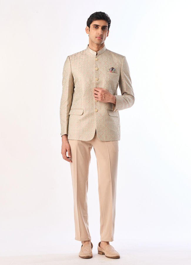 Manyavar Men Pistachio Green Ogee Patterned Suit