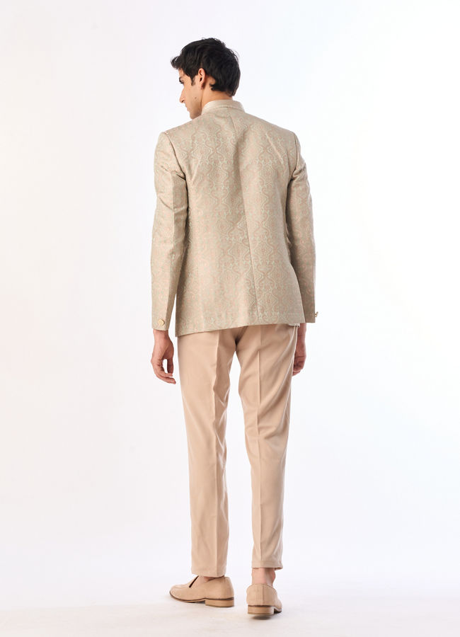 Manyavar Men Pistachio Green Ogee Patterned Suit