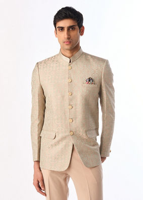 Manyavar Men Pistachio Green Ogee Patterned Suit