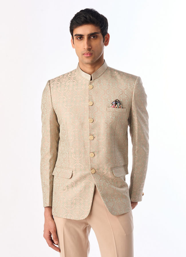 Manyavar Men Pistachio Green Ogee Patterned Suit