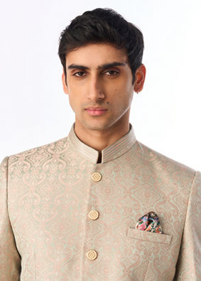 Manyavar Men Pistachio Green Ogee Patterned Suit