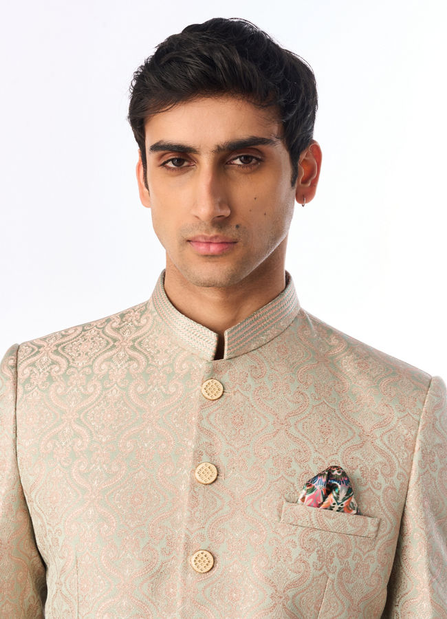 Manyavar Men Pistachio Green Ogee Patterned Suit