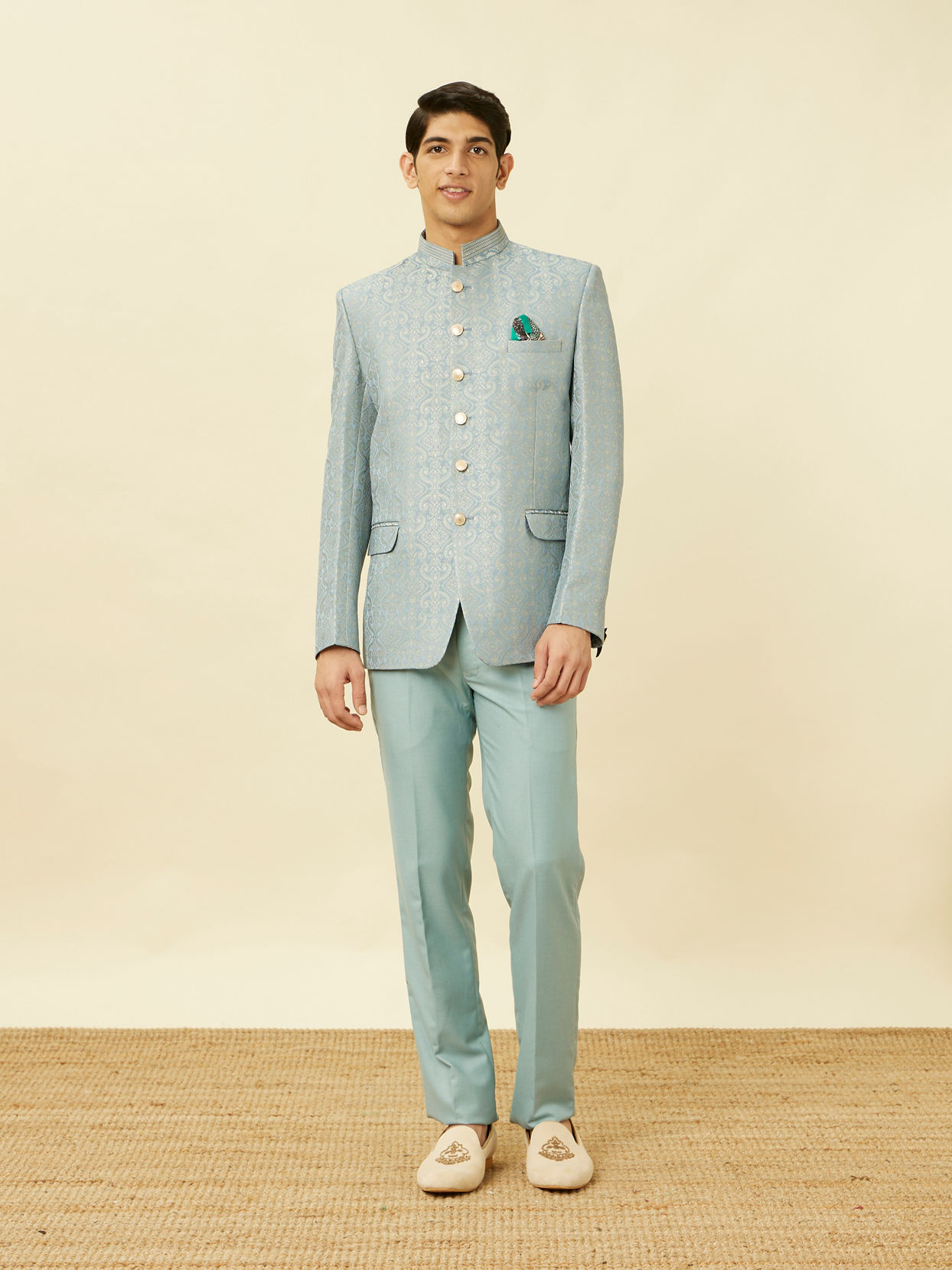 alt message - Manyavar Men Blissful Blue Medallion Patterned Suit image number 2