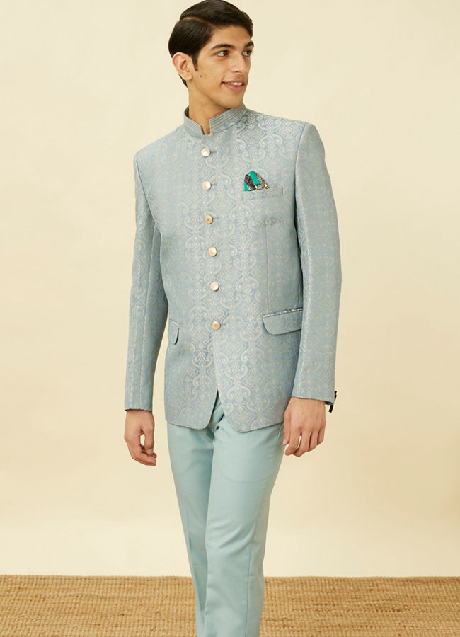 alt message - Manyavar Men Blissful Blue Medallion Patterned Suit image number 0