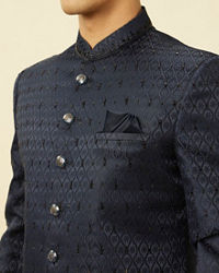 Manyavar Men Sapphire Blue Ogee Patterned Suit