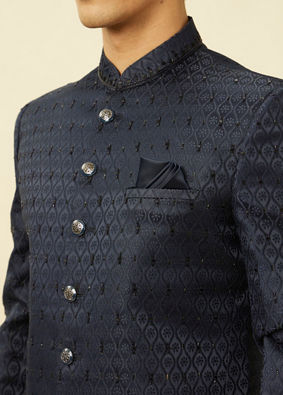 alt message - Manyavar Men Sapphire Blue Ogee Patterned Suit image number 1