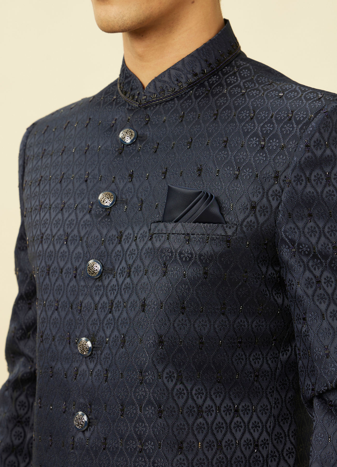 Manyavar Men Sapphire Blue Ogee Patterned Suit