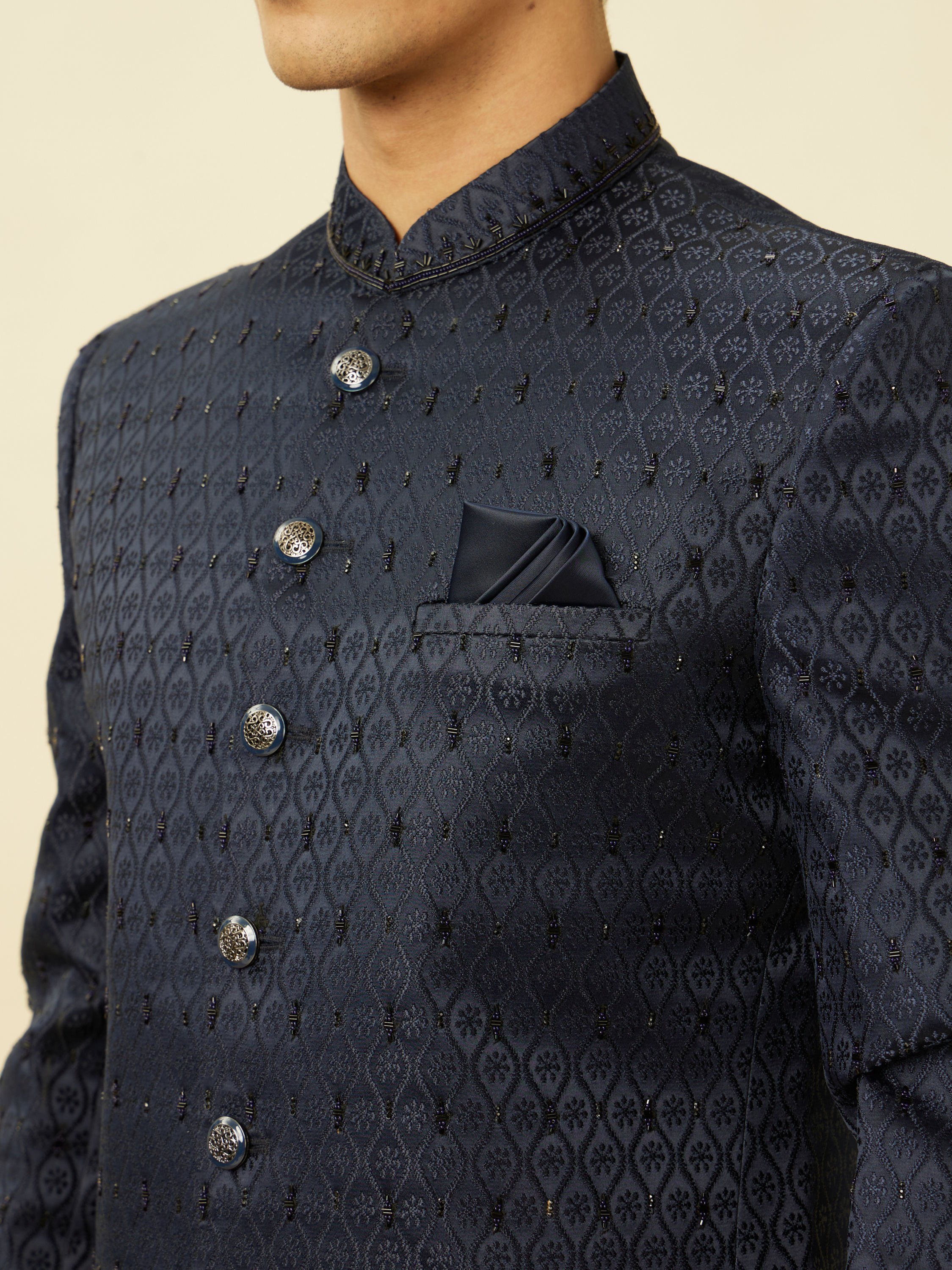 Manyavar Men Sapphire Blue Ogee Patterned Suit